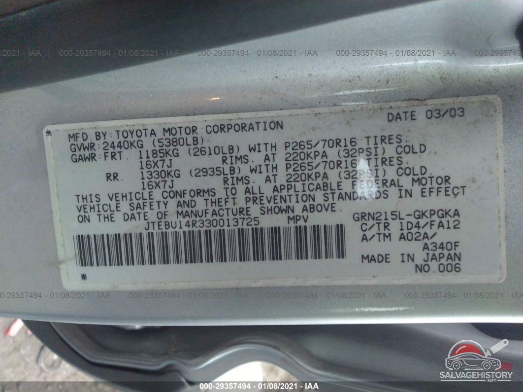 JTEBU14R330013725 2003 TOYOTA 4RUNNER photo no. 9