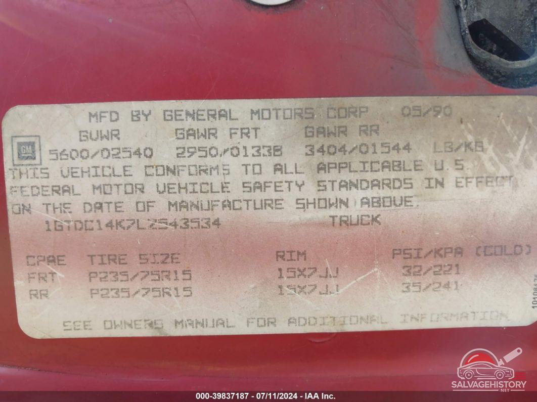1GTDC14K7LZ543534 1990 GMC SIERRA photo no. 9