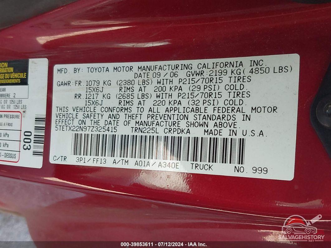5TETX22N97Z325415 2007 TOYOTA TACOMA photo no. 9