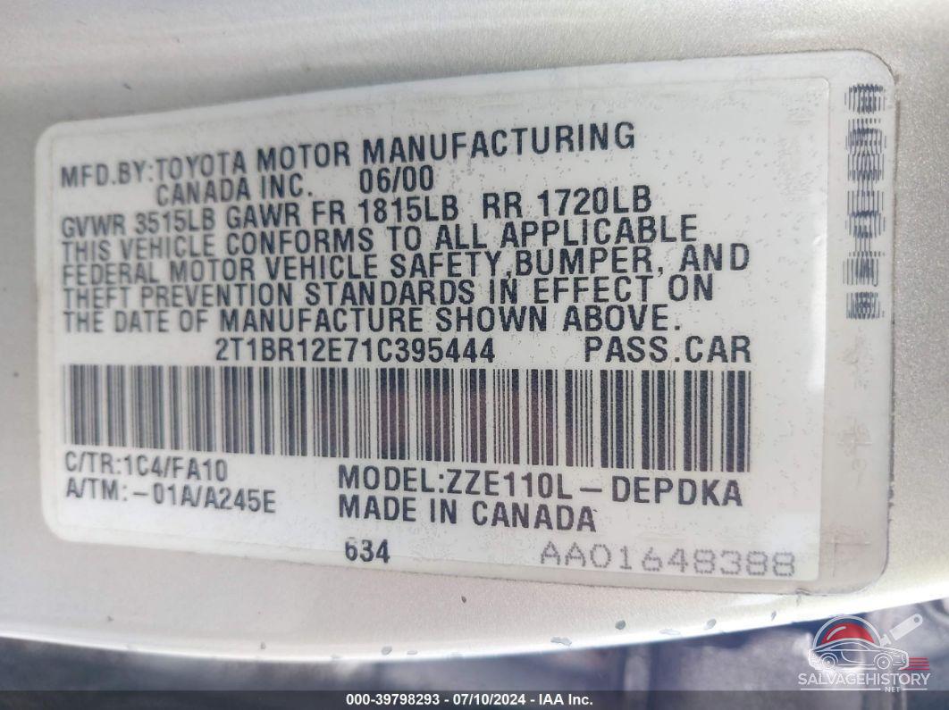 2T1BR12E71C395444 2001 TOYOTA COROLLA photo no. 9