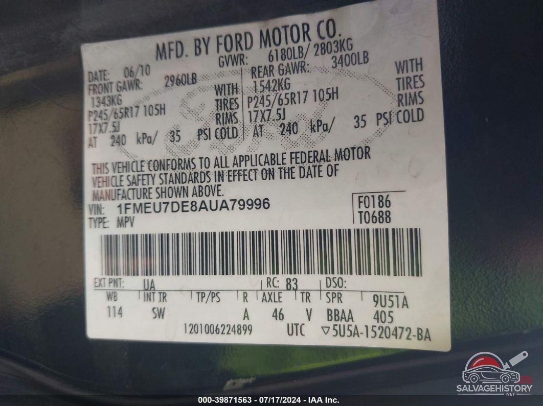1FMEU7DE8AUA79996 2010 FORD EXPLORER photo no. 9