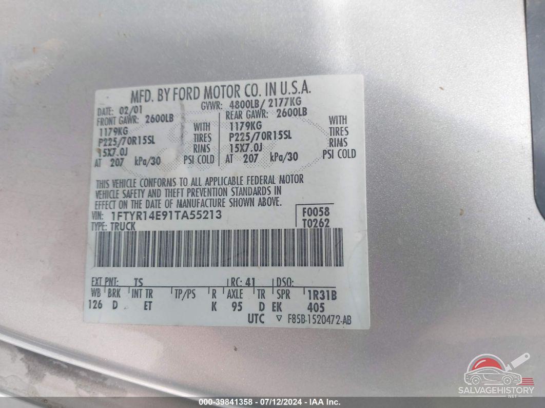 1FTYR14E91TA55213 2001 FORD RANGER photo no. 9