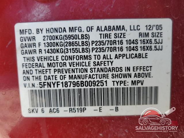5FNYF18796B009251 2006 HONDA PILOT photo no. 13