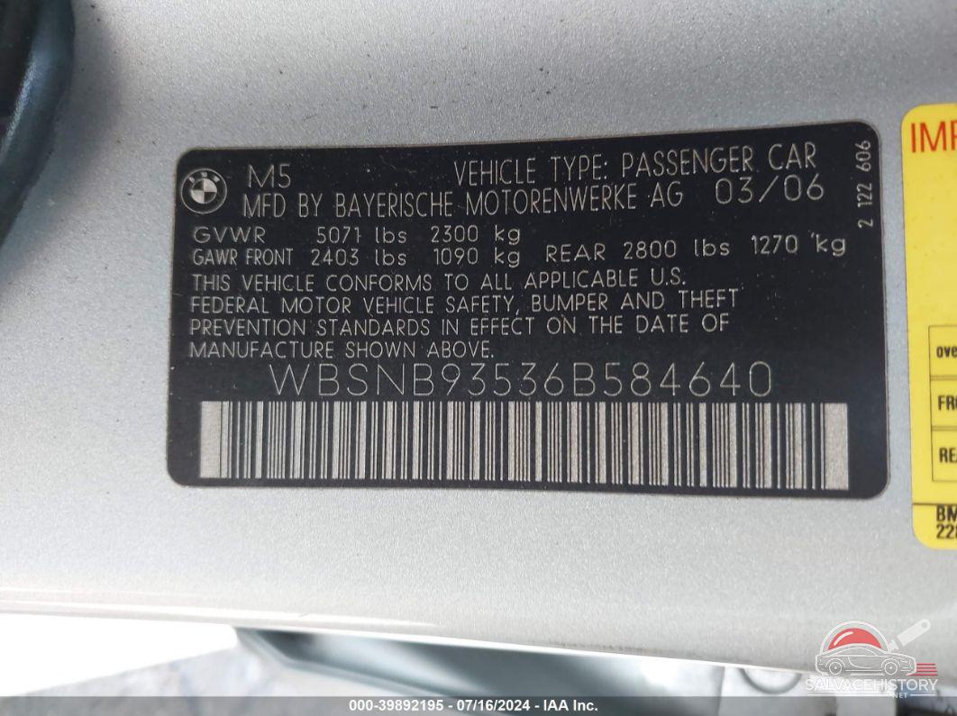 WBSNB93536B584640 2006 BMW M5 photo no. 9