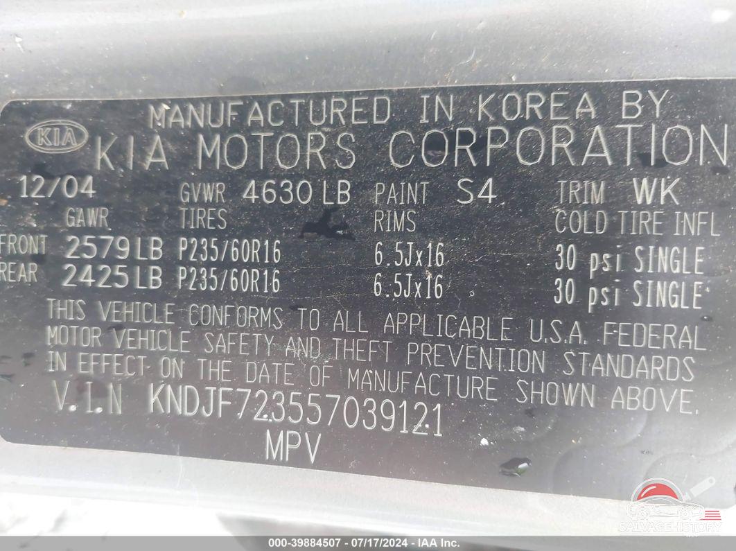 KNDJF723557039121 2005 KIA SPORTAGE photo no. 9