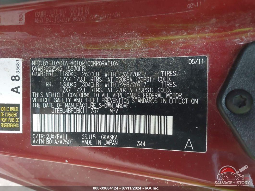 JTEBU4BF0BK111737 2011 TOYOTA FJ CRUISER photo no. 9