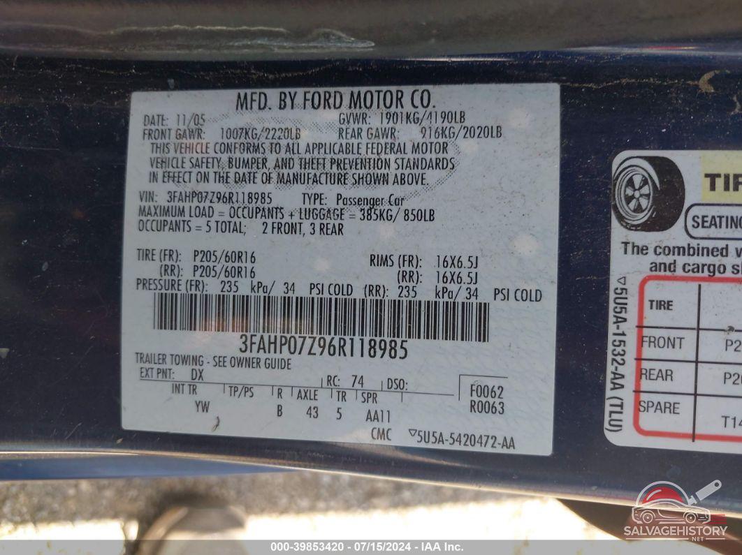 3FAHP07Z96R118985 2006 FORD FUSION photo no. 9