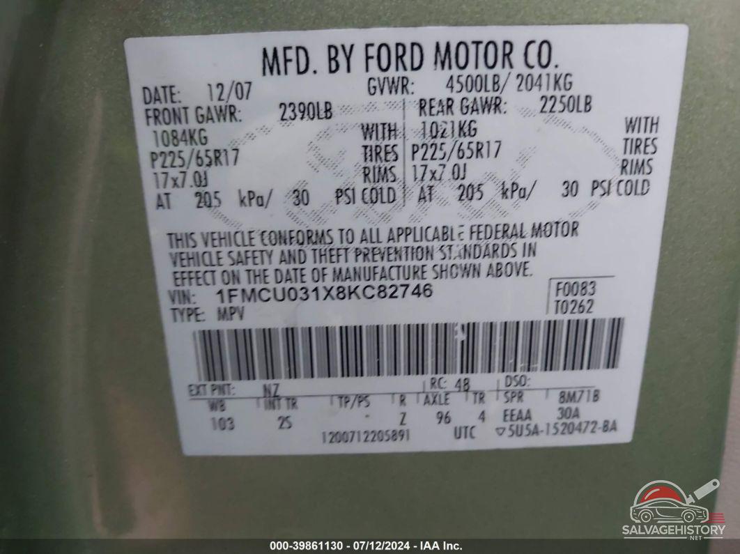 1FMCU031X8KC82746 2008 FORD ESCAPE photo no. 9