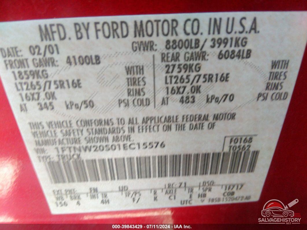 1FTNW20S01EC15576 2001 FORD F-250 photo no. 9