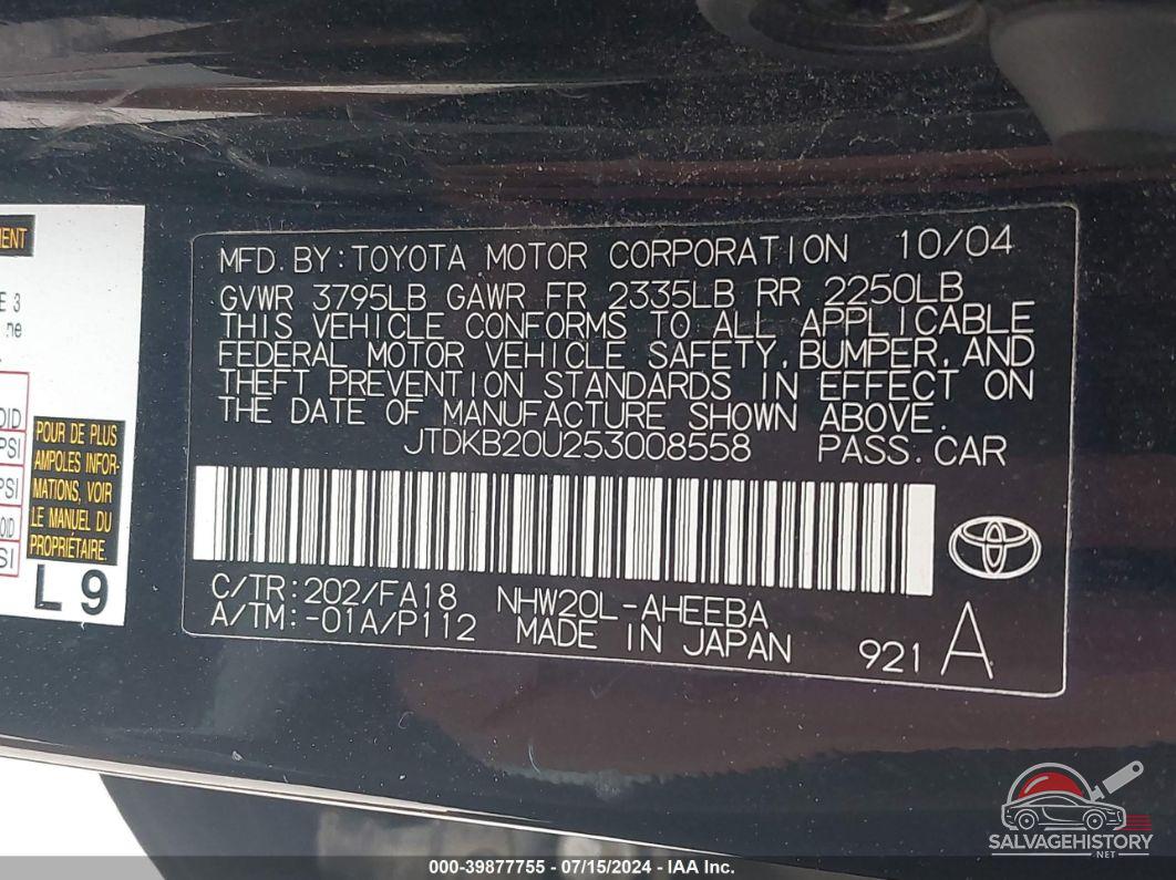 JTDKB20U253008558 2005 TOYOTA PRIUS photo no. 9