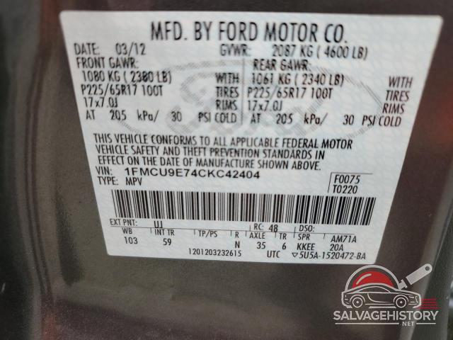 1FMCU9E74CKC42404 2012 FORD ESCAPE photo no. 12