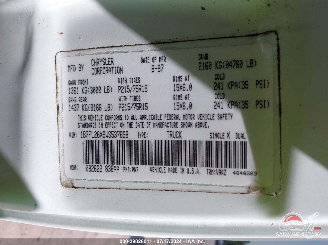1B7FL26X9WS537898 1998 DODGE DAKOTA photo no. 9