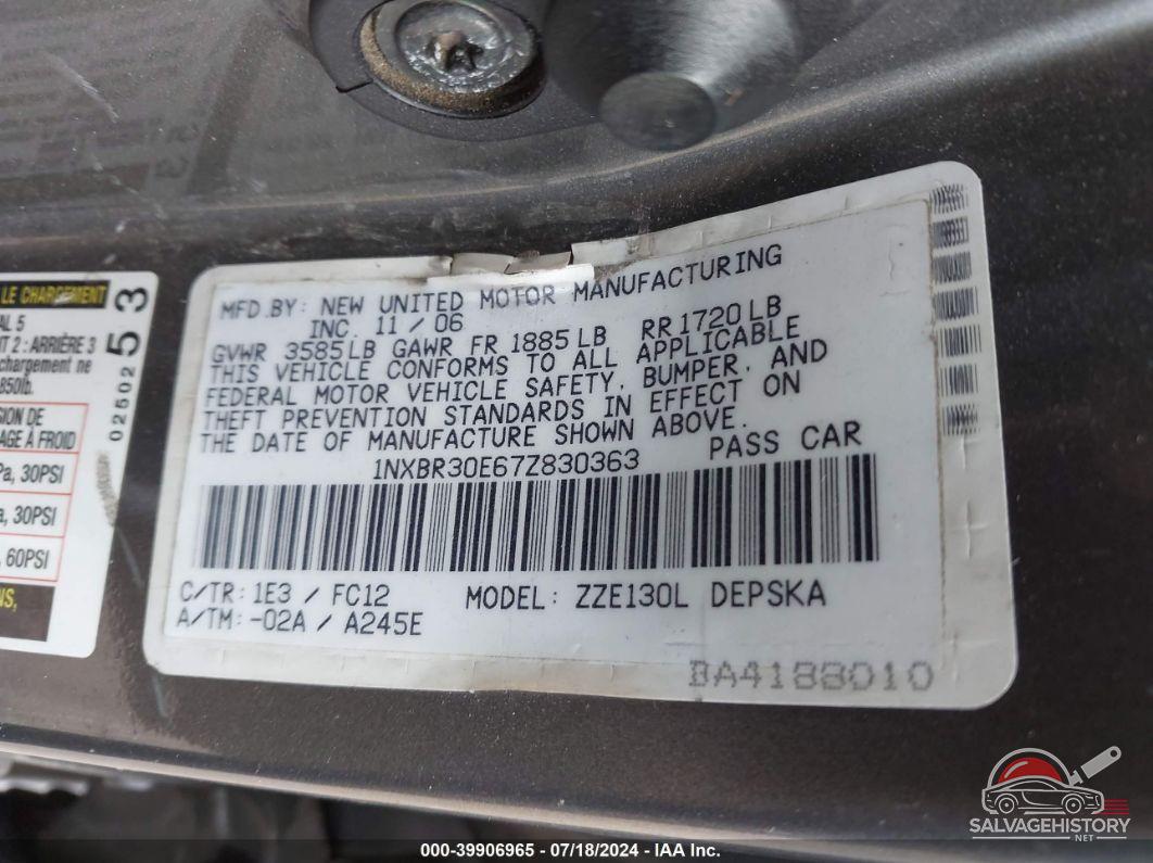 1NXBR30E67Z830363 2007 TOYOTA COROLLA photo no. 9