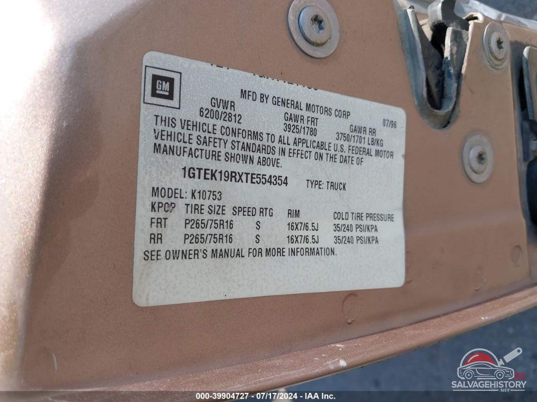 1GTEK19RXTE554354 1996 GMC SIERRA photo no. 9