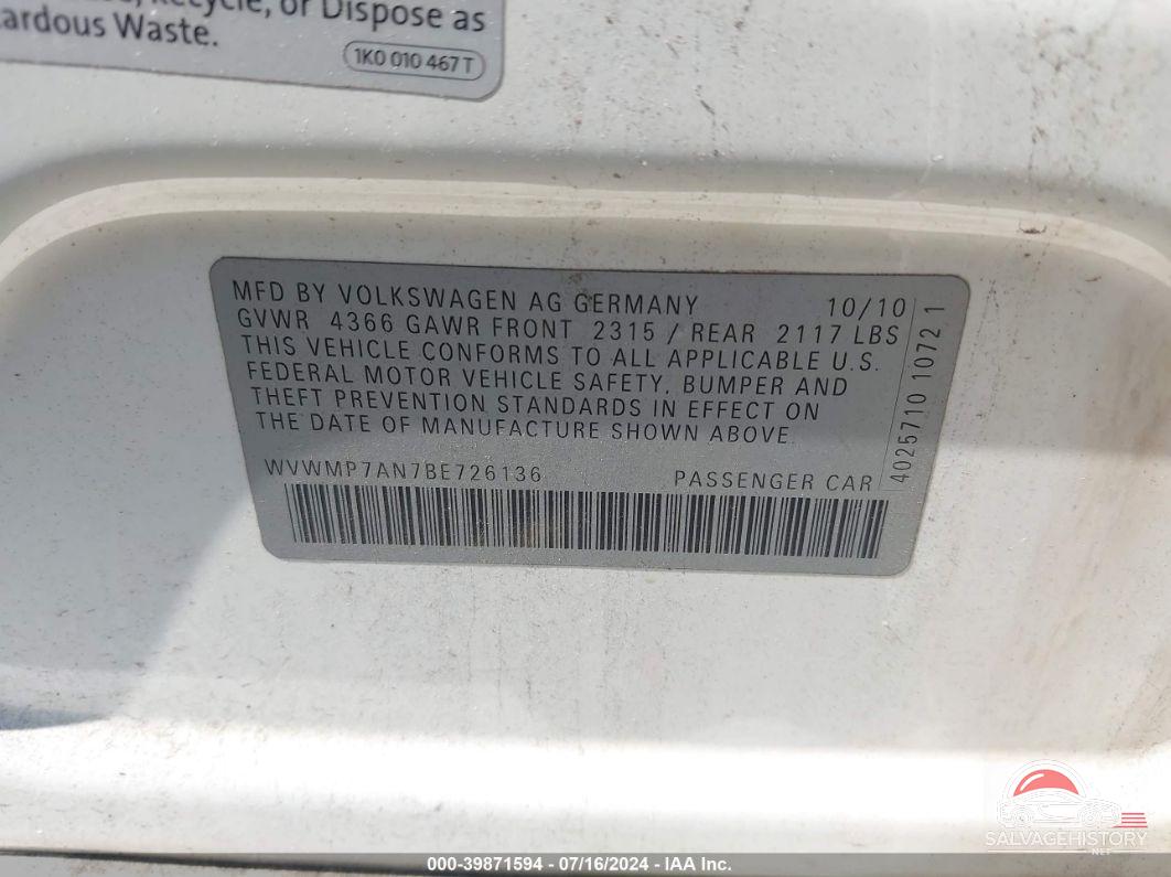 WVWMP7AN7BE726136 2011 VOLKSWAGEN CC photo no. 9