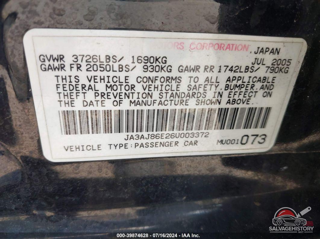 JA3AJ86E26U003372 2006 MITSUBISHI LANCER photo no. 9