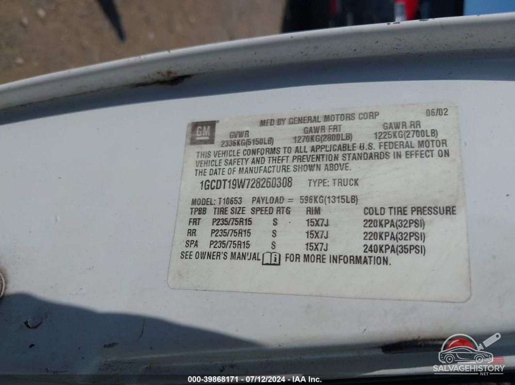 1GCDT19W728260308 2002 CHEVROLET S-10 photo no. 9