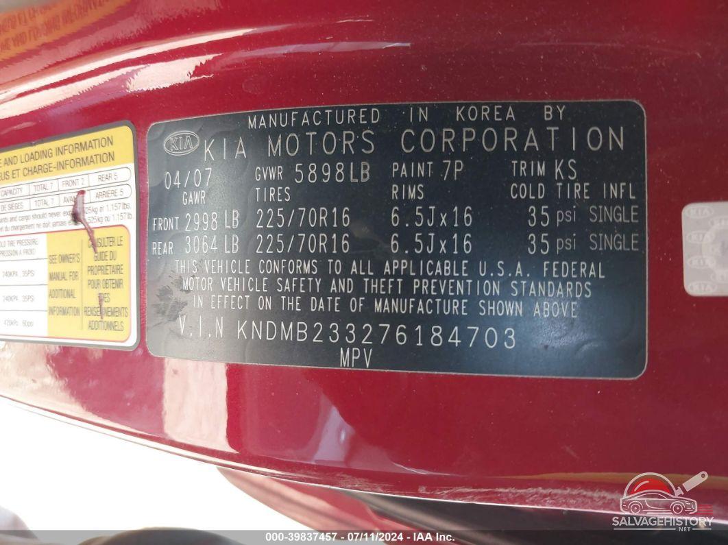KNDMB233276184703 2007 KIA SEDONA photo no. 9