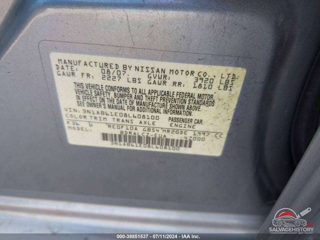 3N1AB61E08L608100 2008 NISSAN SENTRA photo no. 9