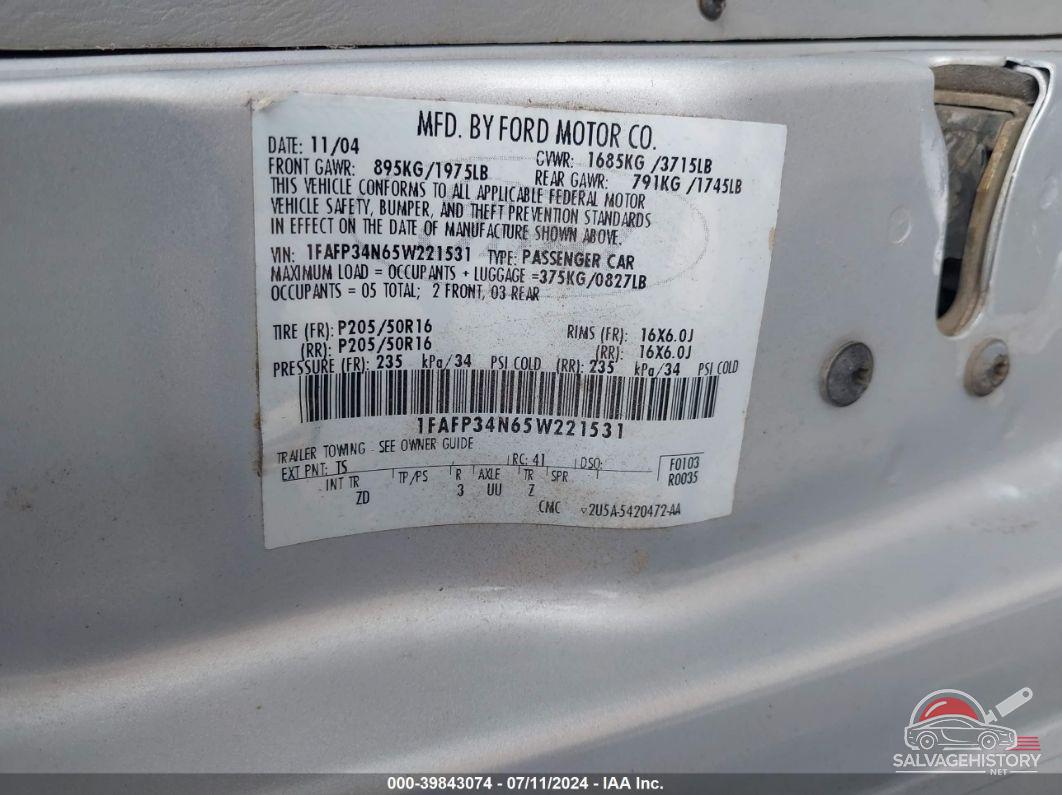1FAFP34N65W221531 2005 FORD FOCUS photo no. 9