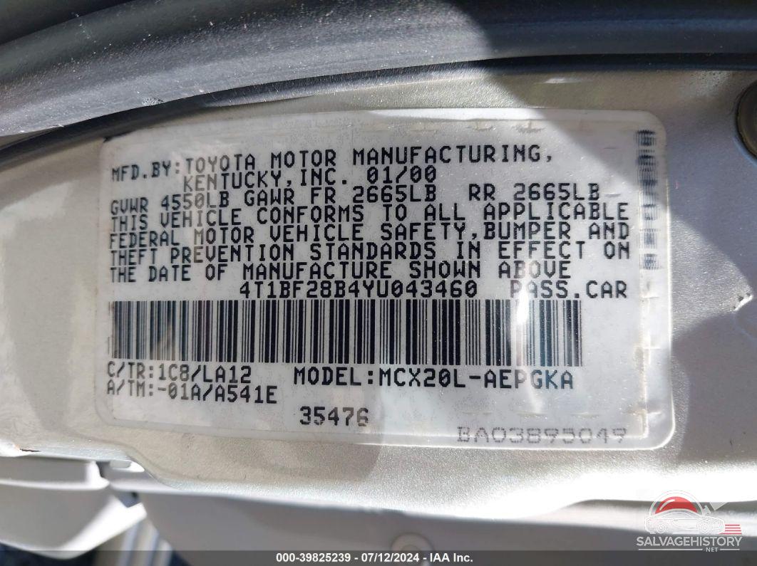 4T1BF28B4YU043460 2000 TOYOTA AVALON photo no. 9