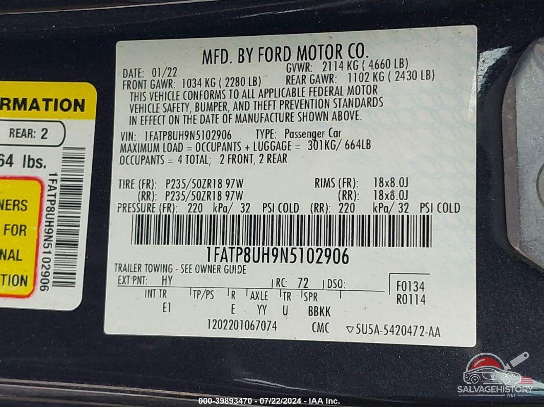 1FATP8UH9N5102906 2022 FORD MUSTANG photo no. 9
