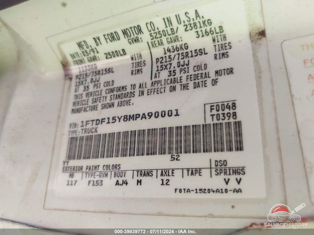 1FTDF15Y8MPA90001 1991 FORD F150 photo no. 9