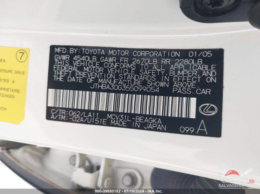 JTHBA30G355099054 2005 LEXUS ES 330 photo no. 9