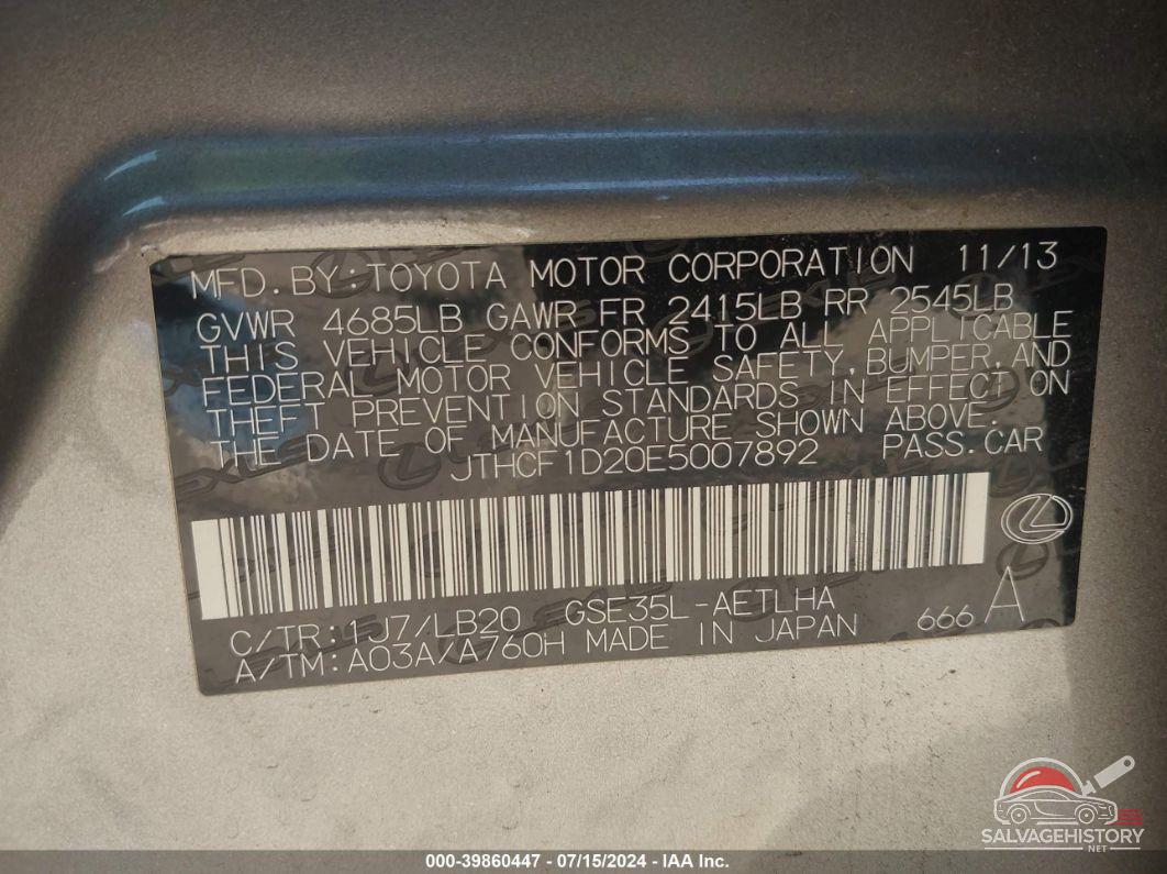 JTHCF1D20E5007892 2014 LEXUS IS 250 photo no. 9