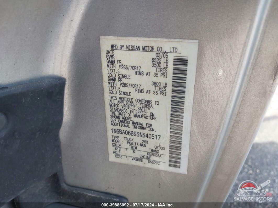 1N6BA06B95N540517 2005 NISSAN TITAN photo no. 9
