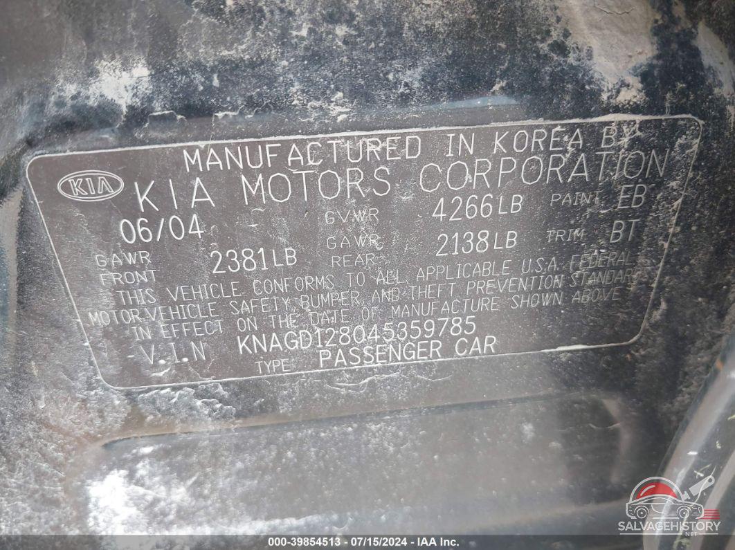 KNAGD128045359785 2004 KIA OPTIMA photo no. 9