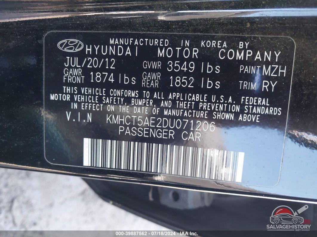 KMHCT5AE2DU071206 2013 HYUNDAI ACCENT photo no. 9