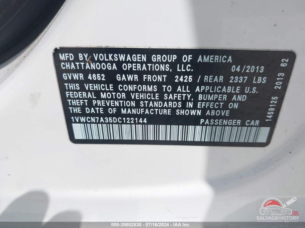 1VWCN7A35DC122144 2013 VOLKSWAGEN PASSAT photo no. 9