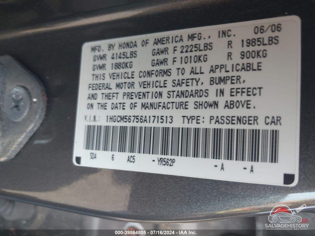 1HGCM56756A171513 2006 HONDA ACCORD photo no. 9