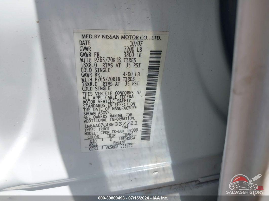 1N6AA07C48N337221 2008 NISSAN TITAN photo no. 9