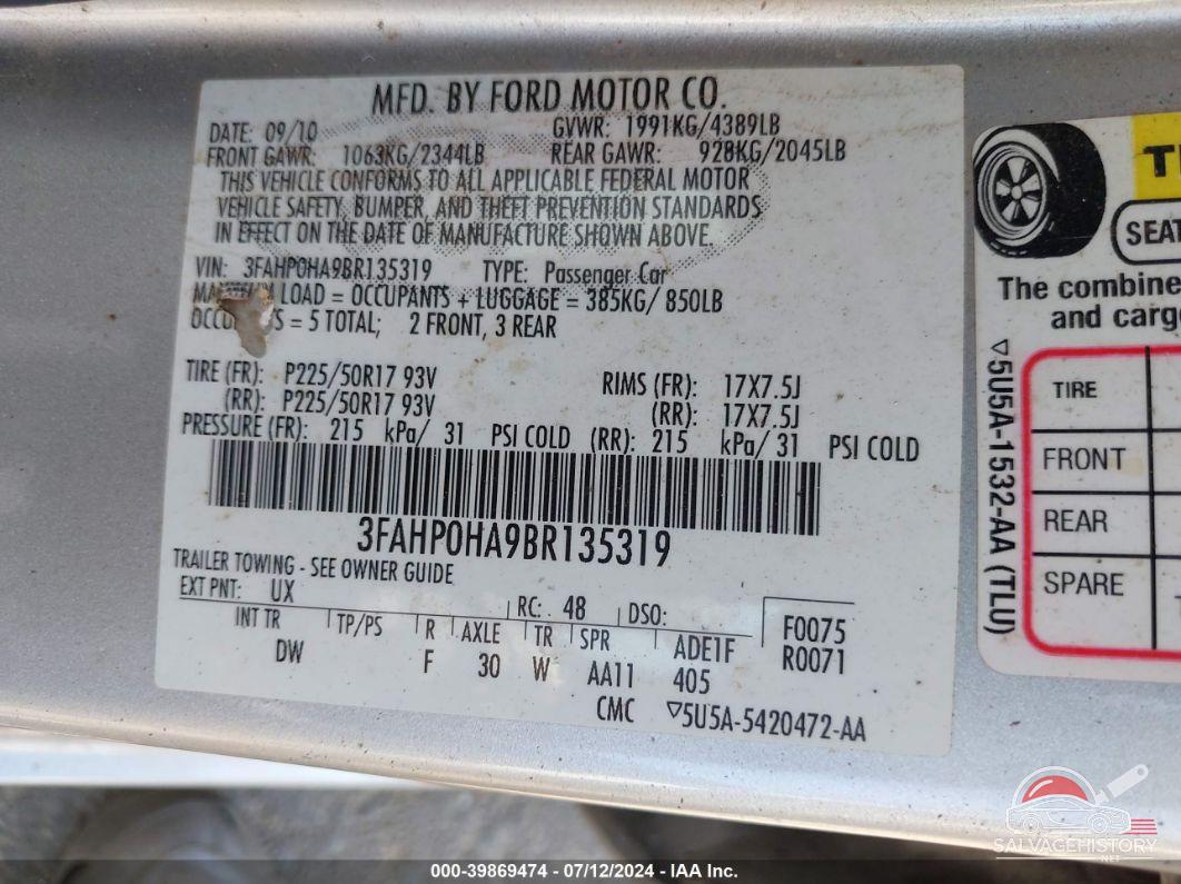 3FAHP0HA9BR135319 2011 FORD FUSION photo no. 9