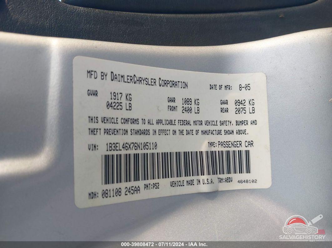 1B3EL46X76N105110 2006 DODGE STRATUS photo no. 9