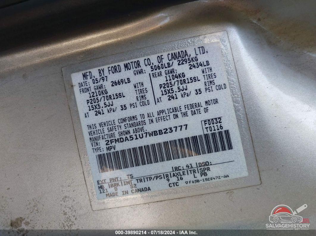 2FMDA51U7WBB23777 1998 FORD WINDSTAR photo no. 9