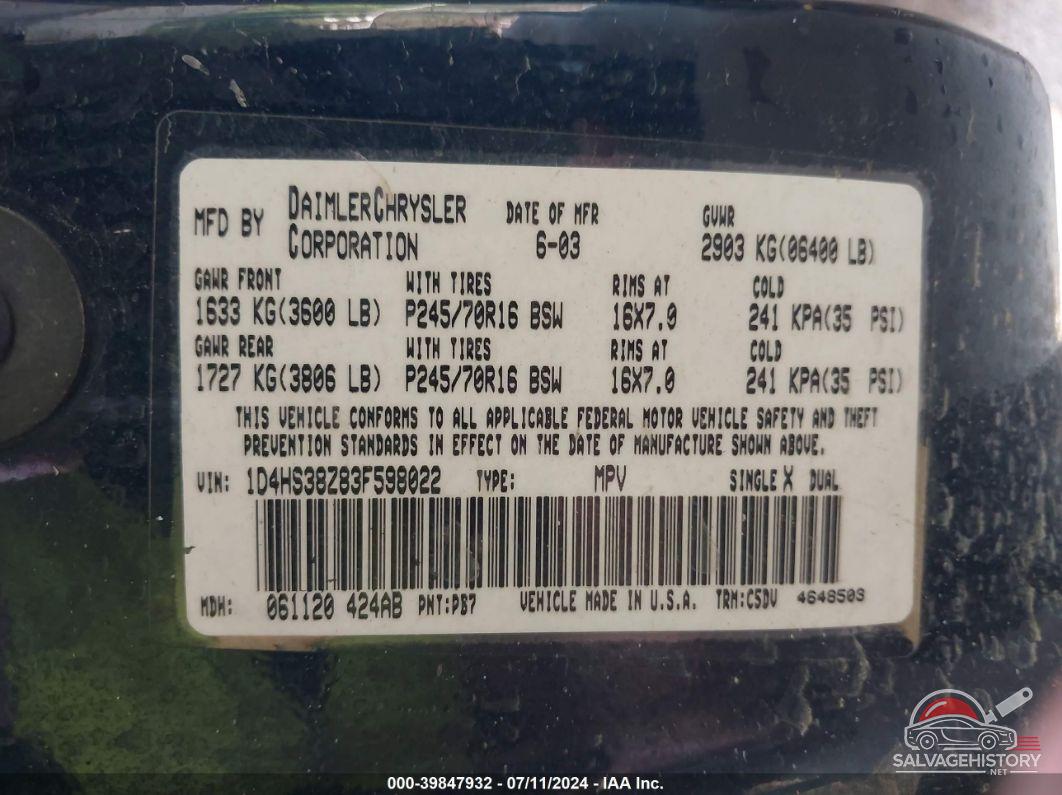 1D4HS38Z83F598022 2003 DODGE DURANGO photo no. 9