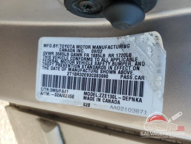 2T1BR32E93C083690 2003 TOYOTA COROLLA photo no. 12