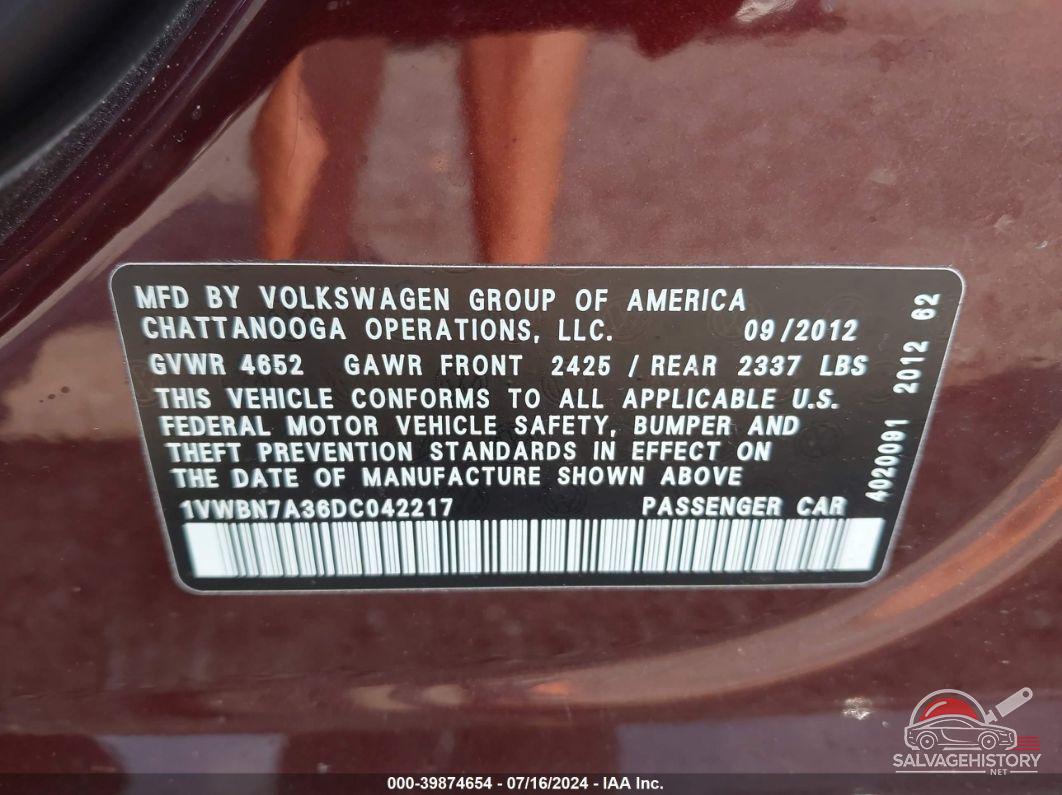 1VWBN7A36DC042217 2013 VOLKSWAGEN PASSAT photo no. 9