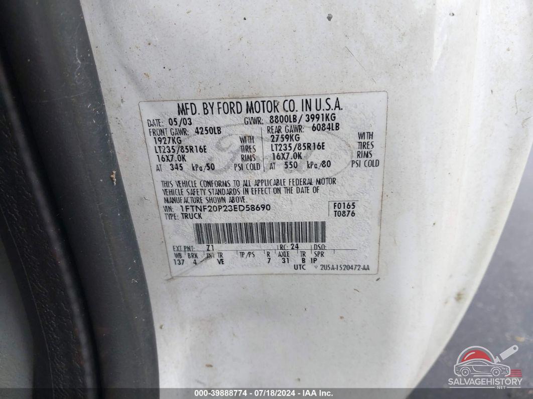 1FTNF20P23ED58690 2003 FORD F250 photo no. 9