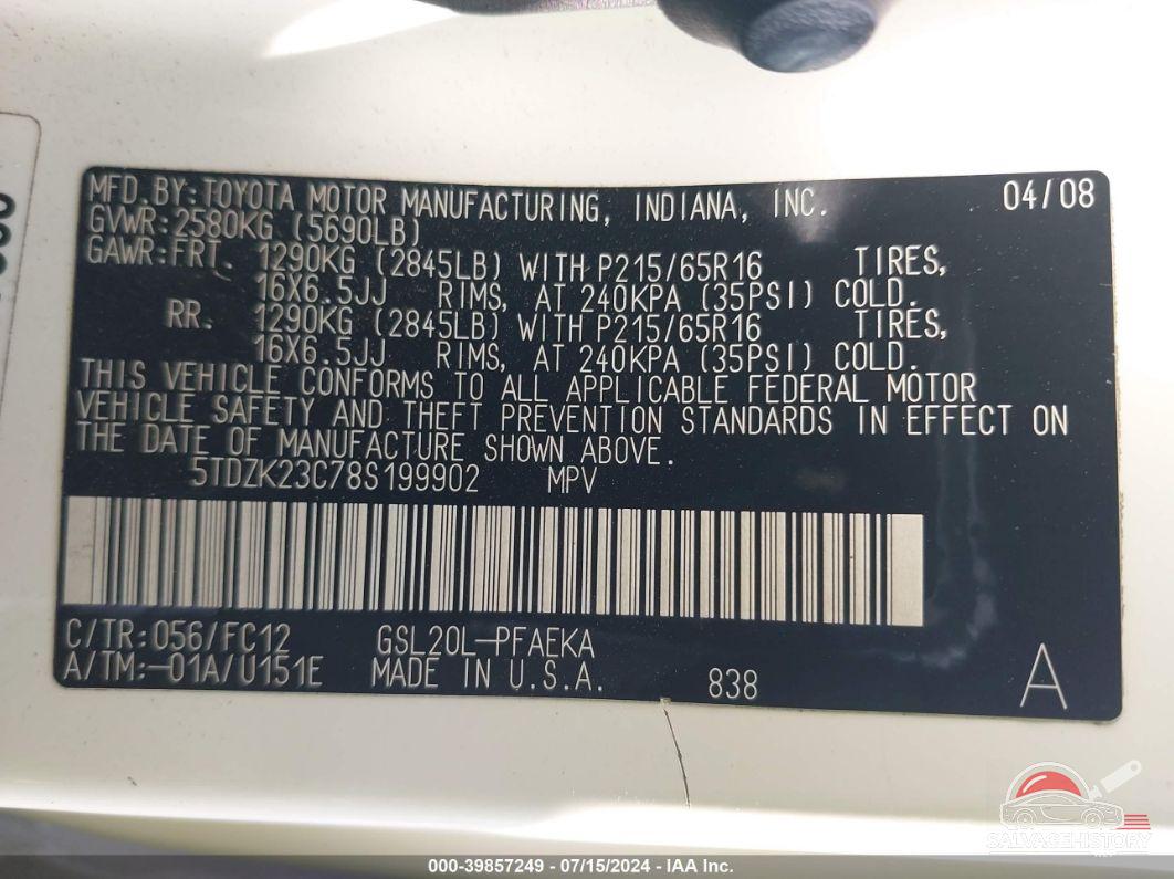 5TDZK23C78S199902 2008 TOYOTA SIENNA photo no. 9