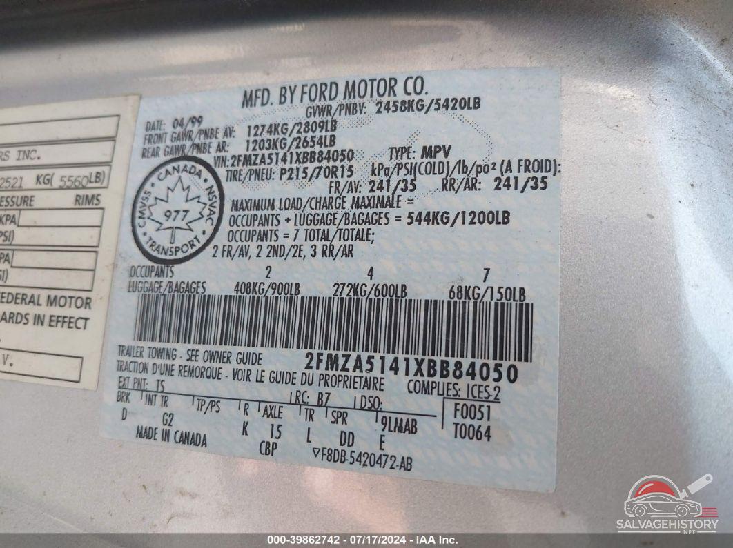 2FMZA5141XBB84050 1999 FORD WINDSTAR photo no. 9