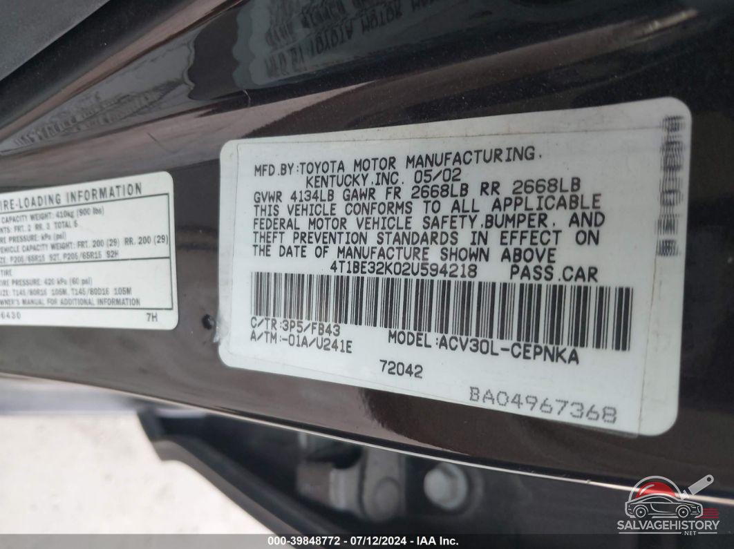 4T1BE32K02U594218 2002 TOYOTA CAMRY photo no. 9