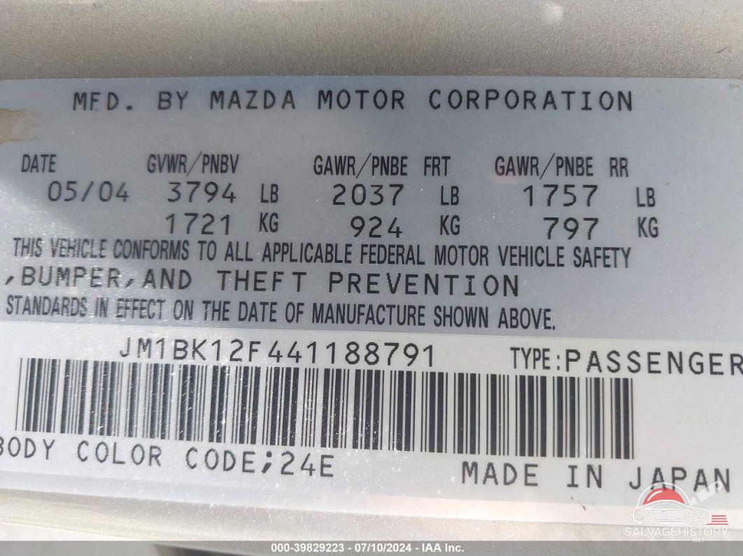 JM1BK12F441188791 2004 MAZDA MAZDA3 photo no. 9