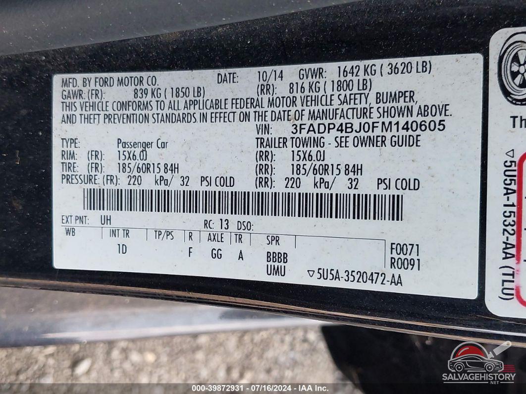 3FADP4BJ0FM140605 2015 FORD FIESTA photo no. 9