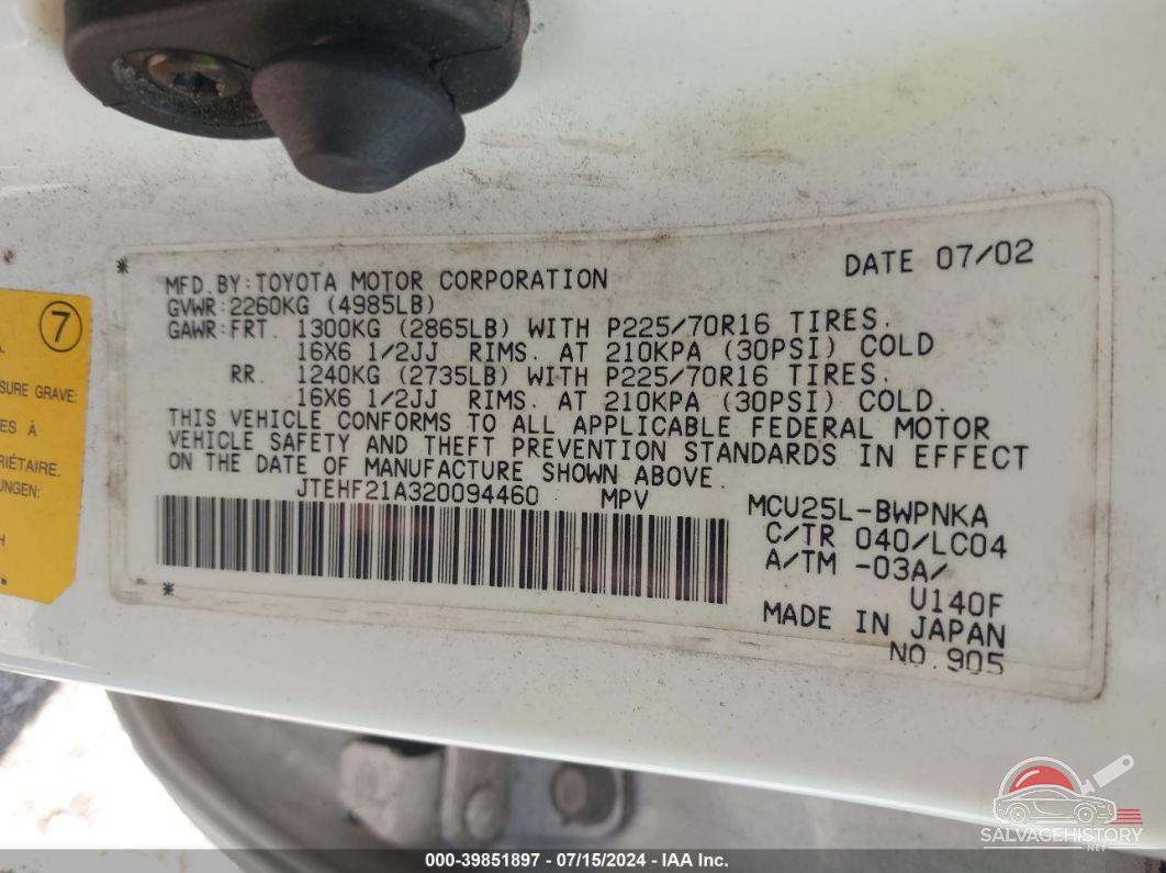 JTEHF21A320094460 2002 TOYOTA HIGHLANDER photo no. 9