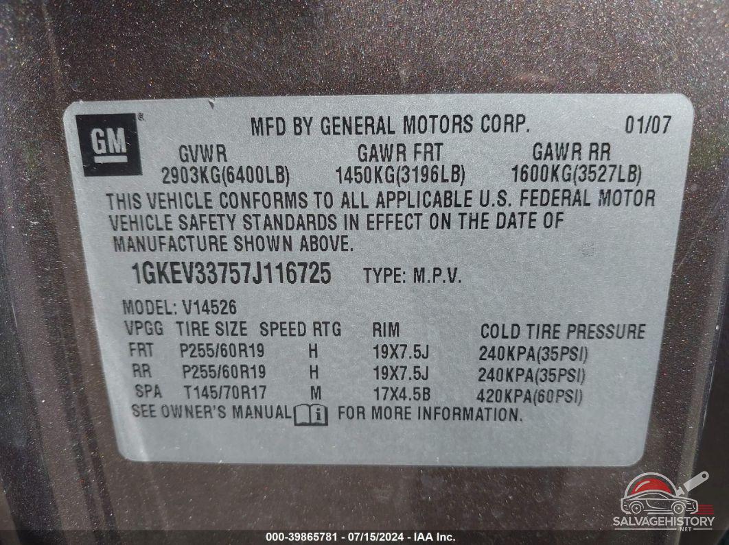 1GKEV33757J116725 2007 GMC ACADIA photo no. 9