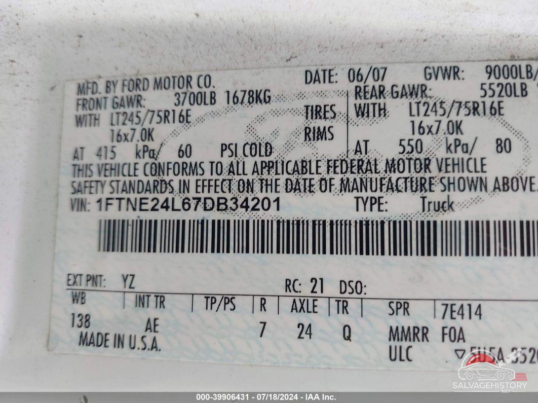 1FTNE24L67DB34201 2007 FORD E-250 photo no. 9